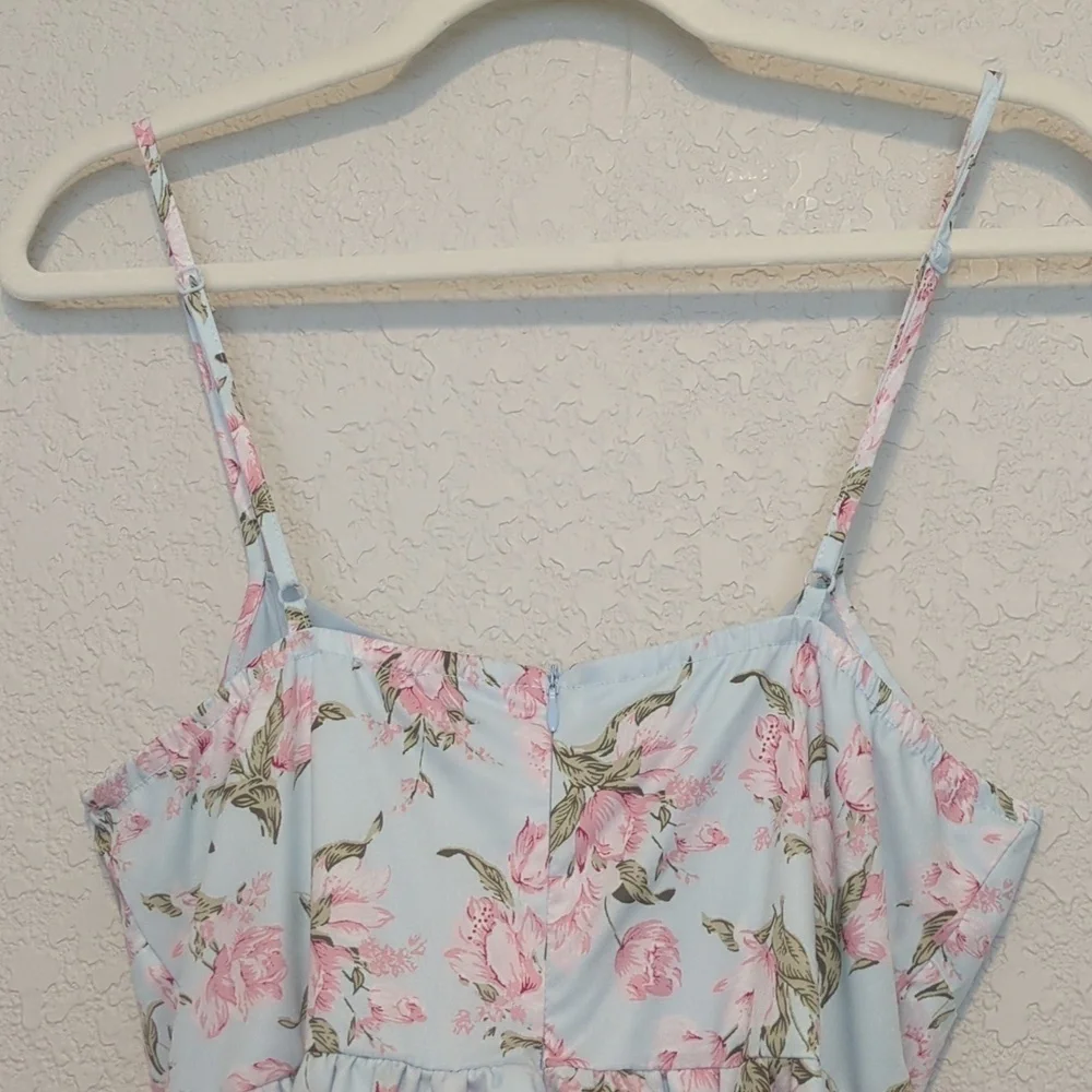 Shein MOD light blue pink ditsy floral lace up strapless mini dress - Picture 11 of 12